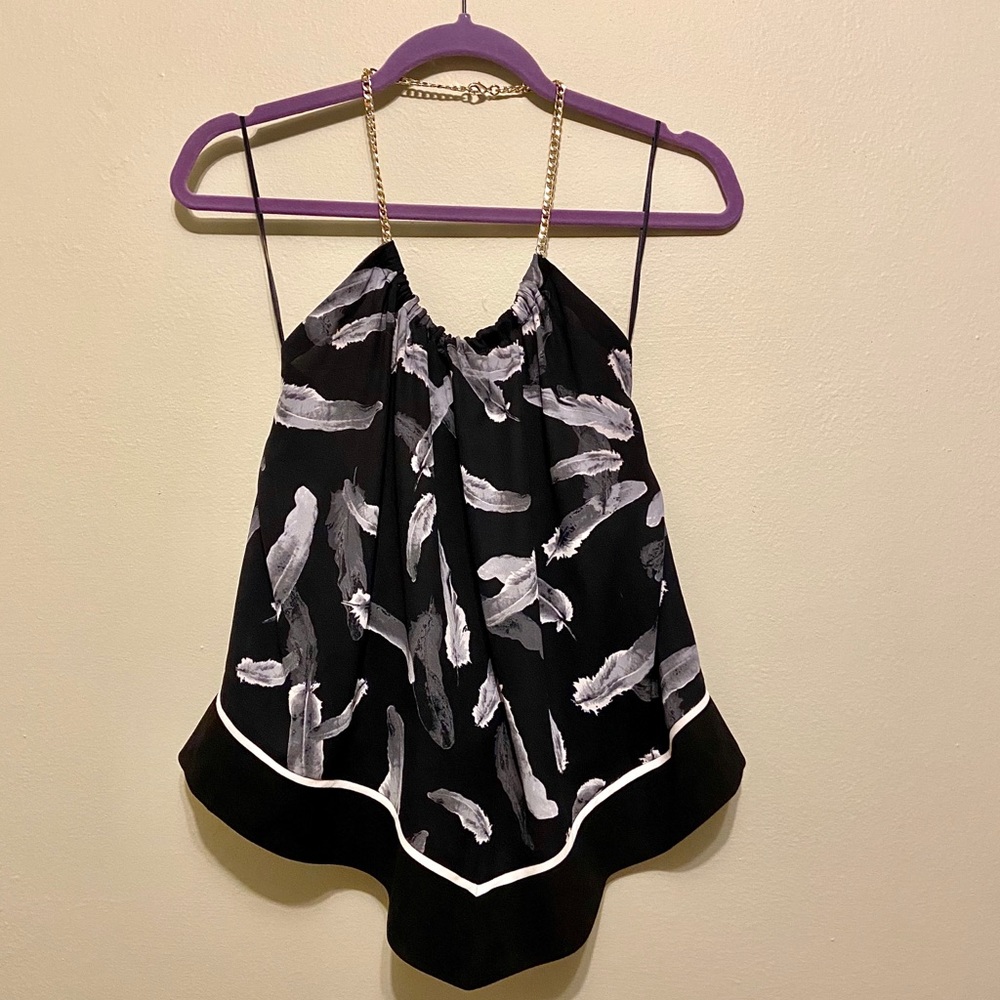Express feather open back halter with gold chain